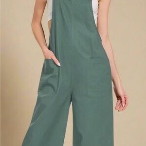 Zenana Eucalyptus Bow Tie Sleeveless Overalls